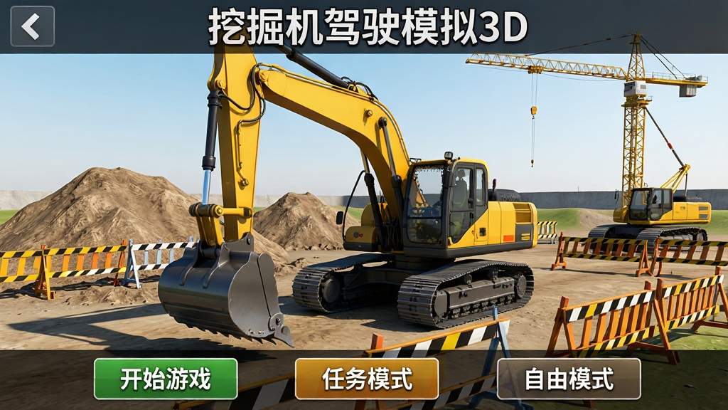 一张展示挖掘机驾驶模拟3D游戏主界面的图片,画面中央是一台黄色大型挖掘机停在工地场景中,周围有土堆、吊车和工程围栏,顶部显示游戏名称“挖掘机驾驶模拟3D”,底部有开始游戏、任务模式、自由模式三个按钮,整体布局清晰,风格写实3D,细节丰富,画质干净无多余元素