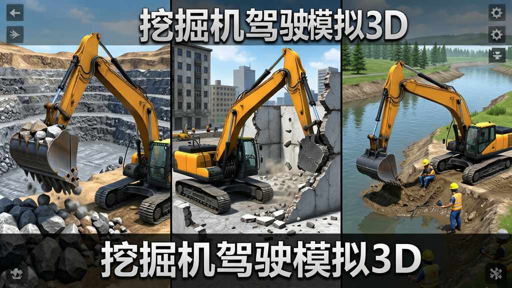 挖掘机驾驶模拟3D游戏内多个场景的拼接展示图,左侧是矿山场景中挖掘机装载矿石,中间是城市拆迁场景中挖掘机破碎墙体,右侧是河道清淤场景中挖掘机在岸边作业,画面中有“挖掘机驾驶模拟3D”文字标识,布局为三格横向排列,风格统一写实,细节清晰,画质干净无多余元素