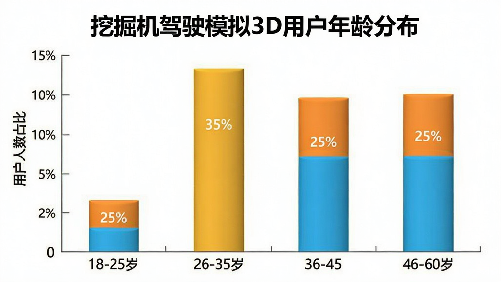 挖掘机驾驶模拟3D用户年龄分布柱状图,横轴为年龄段18-25岁、26-35岁、36-45岁、46-60岁,纵轴为用户人数占比,柱子高度分别显示25%、35%、25%、15%,图表标题为“挖掘机驾驶模拟3D用户年龄分布”,风格简洁清晰,配色明快,布局规整,画质干净无多余元素