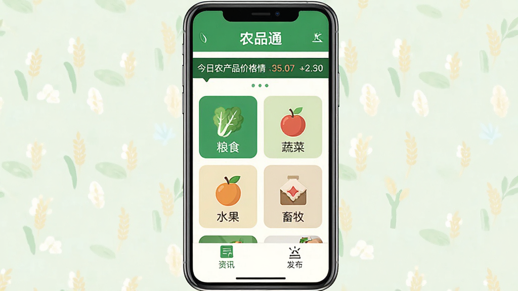 ũƷͨ����������ȫòչʾ���ֻ���Ļ������ʾũƷͨAPP����ҳ���֣������ǽ���ũ��Ʒ�۸�������������м�����ʳ���߲ˡ�ˮ���������Ĵ����ͼ����ڣ��ײ�����Ѷ�����顢�������ҵ��ĸ�ѡ�����������ũҵ��Ϊ��ɫ���������Ǹɾ���ǳɫ�����������ɾ��޶���Ԫ�أ���ƽ����Ʒ��