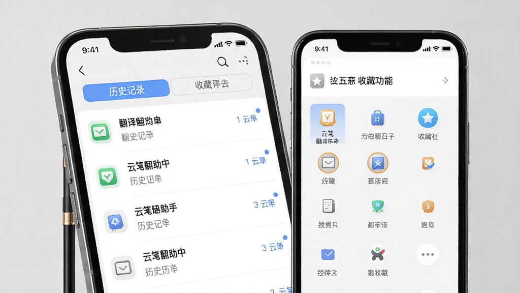 云笺翻译助手历史记录与收藏功能展示,主体是手机屏幕显示翻译历史列表和收藏夹界面,布局为标签页切换式设计,排版规整,风格现代,细节图标精致,画质干净无多余元素。
