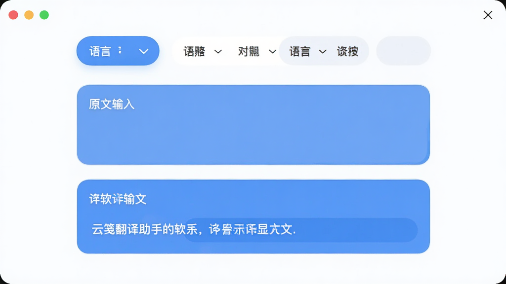 云笺翻译助手软件主界面展示,主体是一个简洁的翻译输入框和结果展示区,布局采用上下结构,上方是语言选择栏,中间是原文输入区,下方是译文显示区,排版清晰,风格现代扁平化,细节圆润,背景干净,画质清晰无多余元素。