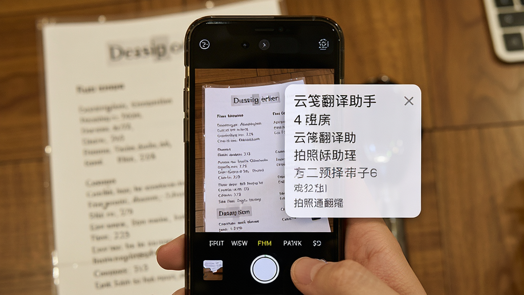 云笺翻译助手拍照翻译功能展示,主体是手机摄像头对准一份英文菜单进行取词翻译的场景,布局为相机取景框叠加翻译结果浮层,排版直观,风格写实,细节文字清晰可见,画质干净无多余元素。