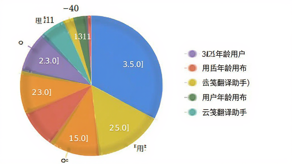 云笺翻译助手用户年龄分布饼状图,主体是一个圆形饼图展示不同年龄段用户占比,布局为饼图居中、图例在右侧,排版清晰,风格数据可视化,细节颜色区分明显,画质干净无多余元素。