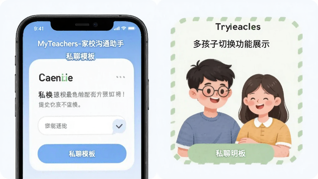 MyTeachers-家校沟通助手 私聊模板和多孩子切换功能展示