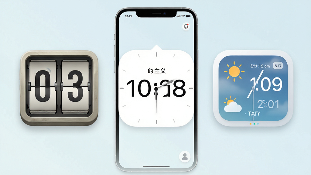 嘀嗒时钟App的桌面小组件搭配界面,画面展示一部手机屏幕,桌面上同时摆放了三个不同风格的时钟小组件,左侧为复古翻页时钟,中间为极简数字时钟,右侧为天气与时钟结合组件,背景为浅色壁纸,界面布局清晰展示自定义选项面板,风格为干净明亮的UI设计,细节上小组件边缘圆润,数字显示清晰,整体画质高清无多余元素