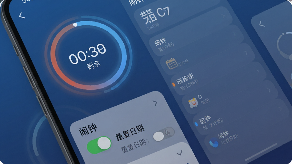 嘀嗒时钟App的专注计时与闹钟设置界面,画面展示手机屏幕内同时呈现番茄钟倒计时圆环和闹钟列表,圆环内显示剩余时间,下方为闹钟开关和重复日期选项,背景为柔和的深蓝色渐变,布局采用卡片式分区,风格为简约现代的工具类UI,细节上圆环有轻微的呼吸动画效果,文字标签清晰易读,画质干净无多余元素