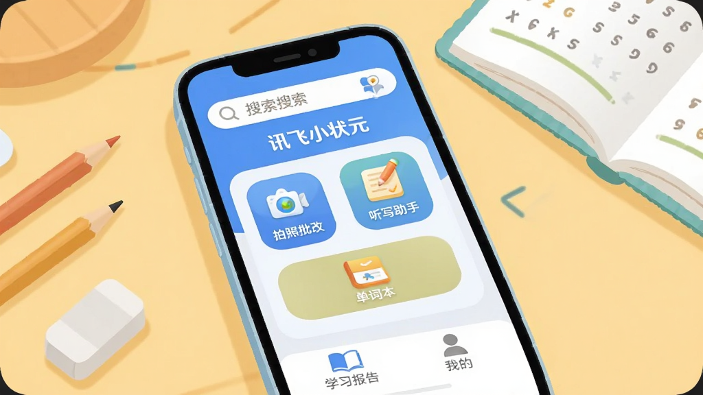 画面中央是一部智能手机,屏幕上显示“讯飞小状元”App的主界面,界面以蓝白色调为主,顶部有搜索框,中间是拍照批改、听写助手、单词本三个大图标按钮,底部有学习报告和我的两个标签。手机周围散落着铅笔、橡皮和一本打开的练习册,背景是温暖的浅黄色书桌桌面。整体风格清新扁平,细节圆润,画质干净无多余元素,适合家庭教育场景。