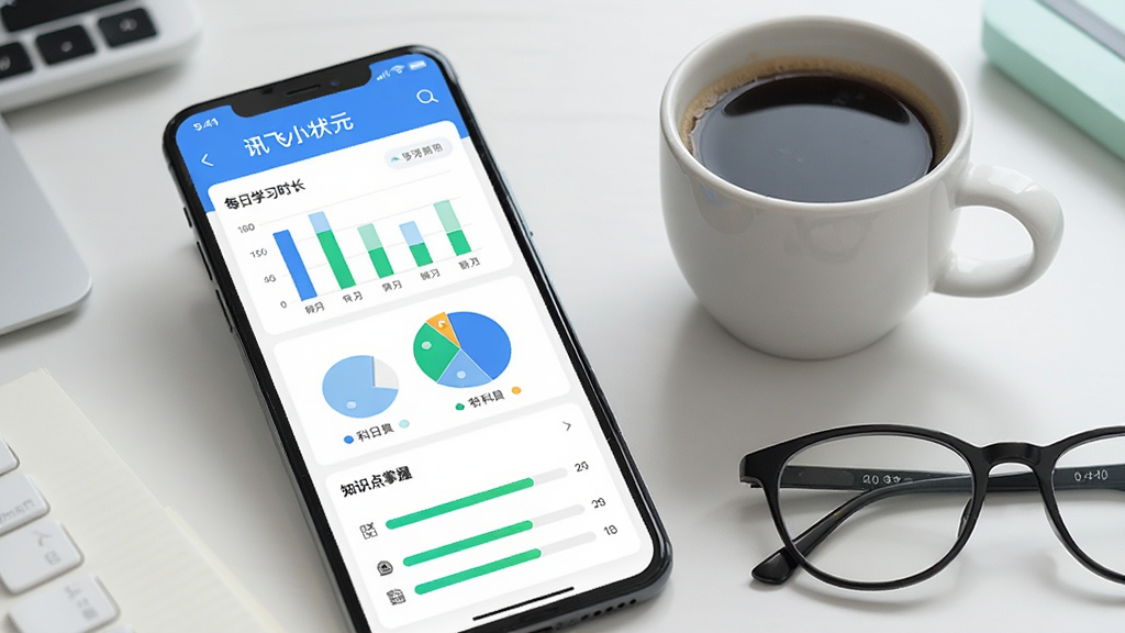 一部手机屏幕显示“讯飞小状元”的学习报告页面,有柱状图展示每日学习时长,饼图展示各科目时间分配,下方有知识点掌握程度的进度条。手机旁边放着一杯咖啡和一副眼镜,背景是办公桌。风格现代简洁,配色以蓝色和绿色为主,数据可视化清晰,画质干净无多余装饰。