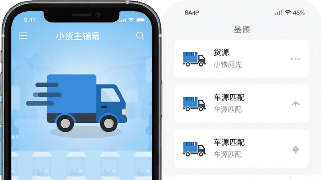 小铁马货主端 手机应用主界面 蓝色货运卡车图标 简洁布局 货源列表 车源匹配 物流场景 扁平化设计 画质清晰 干净无多余元素