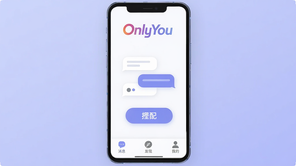 һ���ֻ���ĻչʾOnlyYou�罻�����������棬���岼�ּ�࣬������OnlyYou�Ĳ�ɫ����Logo���м����������ݺ�ƥ�䰴ťͼ�꣬�ײ�Ϊ��Ϣ�����֡��ҵ�����������ǩ���������ִ���ƽ����ɫ����͵�����ɫΪ��������ɾ��޶���Ԫ�أ���������ϸ�壬�ʺ�Ӧ���г�չʾ