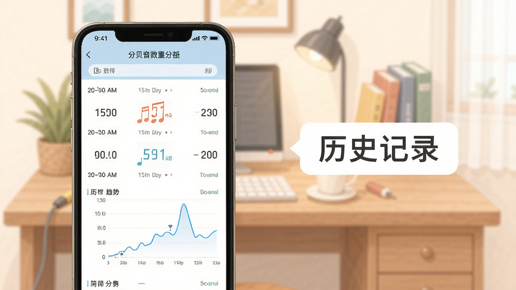 分贝仪DB噪音测量历史记录页面展示,手机屏幕显示按时间排列的分贝数据列表和简易折线趋势图,背景是家庭书桌场景插画,屏幕旁有“历史记录”文字标签,风格整洁实用,配色柔和,画质清晰无杂乱元素