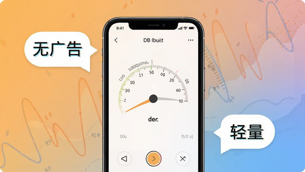 分贝仪DB噪音测量无广告清爽界面展示,手机屏幕显示简洁的测量主界面,屏幕周围有“无广告”“轻量”文字气泡,背景是纯色渐变插画,风格极简现代,配色清爽,画质干净无多余装饰