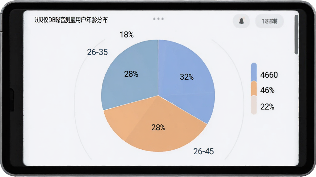 分贝仪DB噪音测量用户年龄分布饼状图,图表显示18-25岁占比18%,26-35岁占比32%,36-45岁占比28%,46-60岁占比22%,背景为浅色数据面板,风格简洁商务,配色柔和区分明显,画质清晰无多余元素
