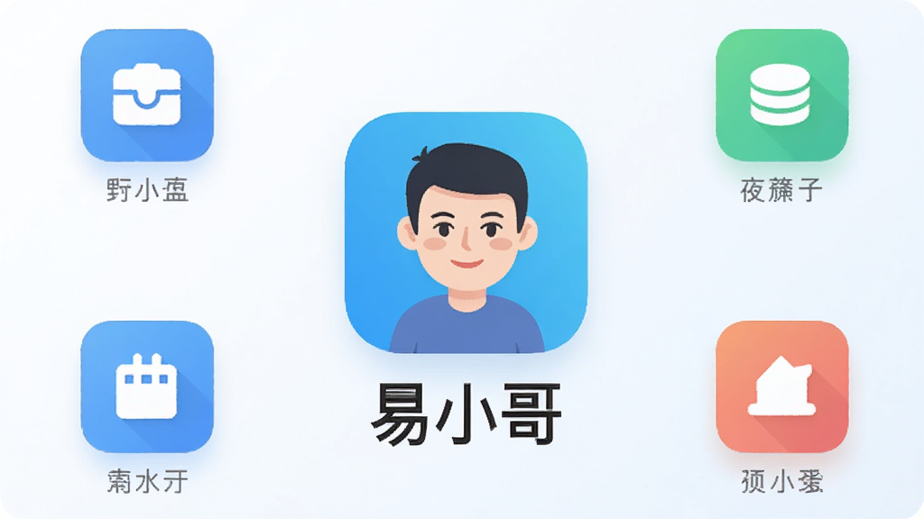 一张手机应用界面展示图,画面中央是“易小哥”的软件图标和名称,背景是简洁的浅色渐变,周围环绕着几个功能小图标代表便捷操作,整体风格现代扁平,画质清晰干净,无多余元素