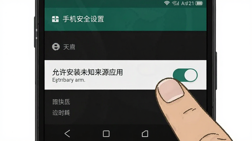 一张手机安全设置界面的示意图,画面中手指正点击“允许安装未知来源应用”的开关,界面风格为安卓原生设置风格,清晰展示操作步骤