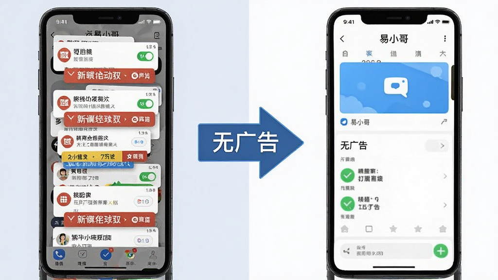 一张对比示意图,左边是杂乱布满广告弹窗的手机界面,右边是“易小哥”干净清爽的界面,中间用箭头指向右边,突出“无广告”的特点,风格简洁明了
