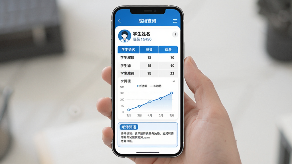 家校驿成绩查询界面展示,手机屏幕中显示成绩单页面,顶部有学生姓名和班级信息,中间为各科成绩列表和折线趋势图,底部有老师评语区域,配色以蓝色和白色为主,图表清晰直观,风格简洁现代,画质干净无多余元素。