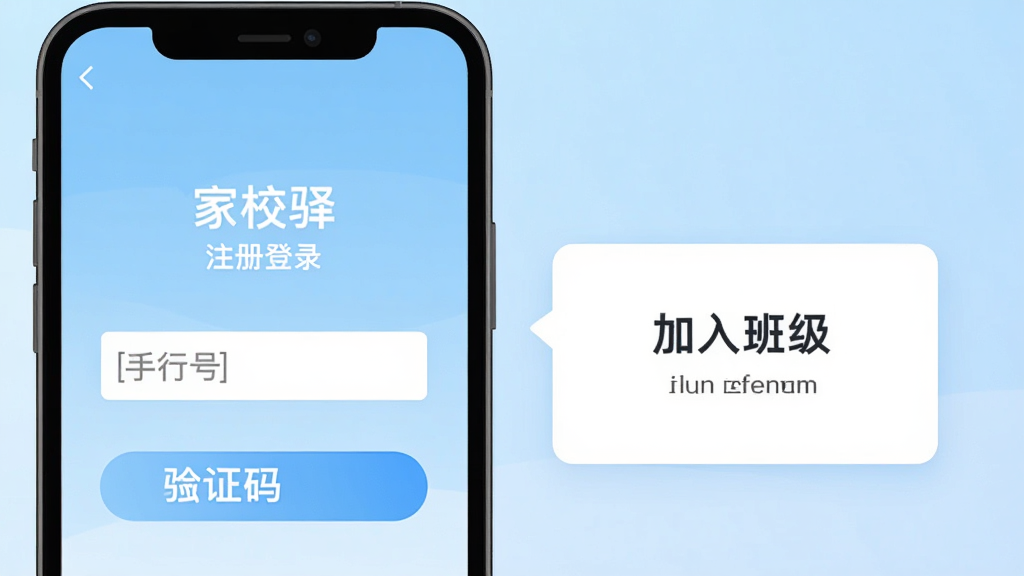 家校驿使用教程示意图,手机屏幕中显示注册登录界面,有手机号输入框和验证码按钮,旁边有“加入班级”的提示弹窗,背景为浅蓝色渐变,界面元素简洁明了,风格扁平化,画质干净清晰,无多余元素。