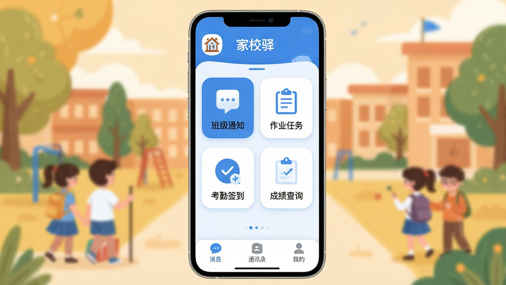 家校驿应用主界面展示,手机屏幕居中,背景为温馨的校园场景插画,界面以蓝白为主色调,顶部显示“家校驿”应用名称和学校图标,中间区域排列着“班级通知”、“作业任务”、“考勤签到”、“成绩查询”四个圆角矩形功能模块,底部为消息、通讯录、我的三个选项卡。风格清新扁平化,细节圆润柔和,画质干净清晰,无多余元素。