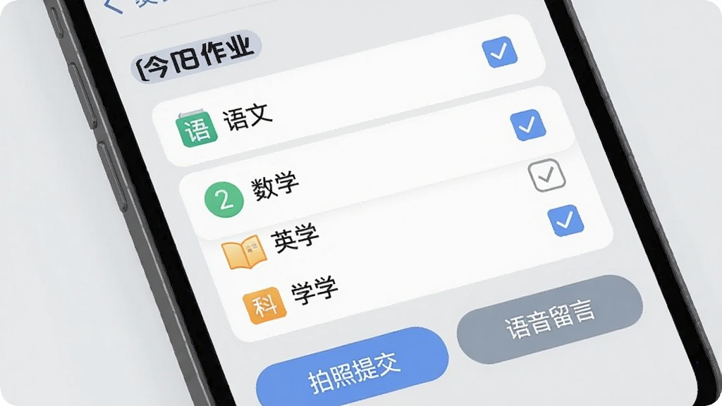 家校驿作业管理功能展示,手机屏幕特写,界面中显示“今日作业”列表,包含语文、数学、英语三科作业条目,每条右侧有勾选框,底部有“拍照提交”和“语音留言”按钮,背景为浅灰色,文字清晰,图标简洁,风格现代扁平,画质干净无多余元素。