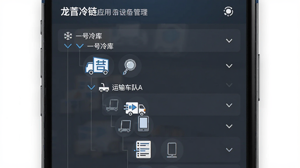 一张展示“龙刍冷链”应用内多设备管理列表界面的图片,主体是手机屏幕,屏幕上显示一个分组列表,有“一号冷库”、“运输车队A”等分组,每个分组下有多个设备图标,布局为树状结构,风格为商务简洁风,细节带有展开箭头,画质干净,无多余元素。