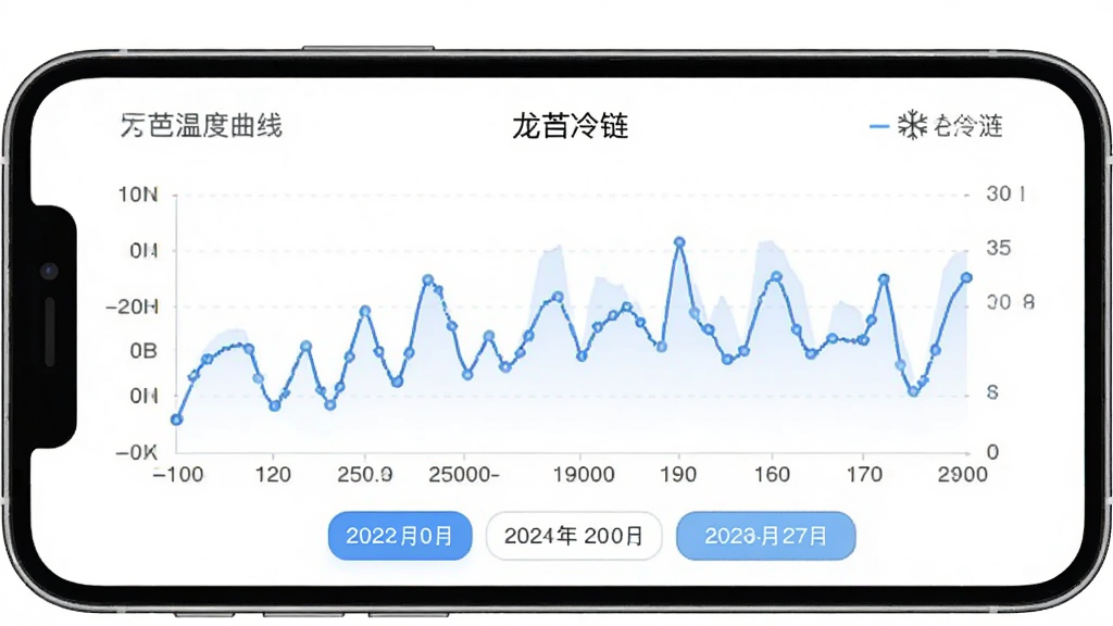 一张展示“龙刍冷链”应用内历史温度曲线图界面的图片,主体是手机屏幕,屏幕上显示一条带有时间轴的折线图,曲线有起伏,下方有日期选择按钮,布局简洁,风格为现代数据可视化,细节带有坐标轴标签,画质干净,无多余元素。