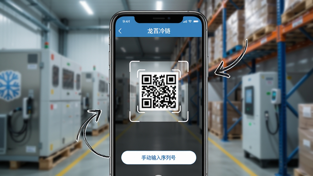一张展示“龙刍冷链”应用内添加设备引导界面的图片,主体是手机屏幕,屏幕上显示一个扫描二维码的界面,中间有取景框,下方有“手动输入序列号”的按钮,背景是模糊的冷库设备,布局聚焦于扫描区域,风格为工具类应用引导页,细节带有手绘箭头指示,画质清晰,无多余元素。