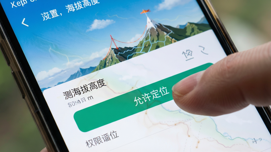一张手机屏幕展示测海拔高度App权限设置界面的图片,画面中手指正在点击“允许定位”按钮,背景是手机设置菜单,风格写实,细节清晰,画质干净,文字标注“测海拔高度”