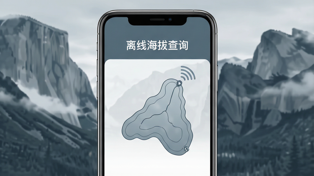 一张测海拔高度App离线模式界面的图片,手机屏幕显示“离线海拔查询”字样和简化地图轮廓,背景是山谷和云雾,画面色调偏灰蓝,突出无网络环境下的可用性,画质干净
