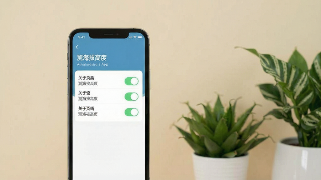 一张测海拔高度App设置界面的图片,手机屏幕展示简洁的开关选项和关于页面,背景是纯色墙面和绿植,风格极简现代,画面干净利落,文字标注“测海拔高度”