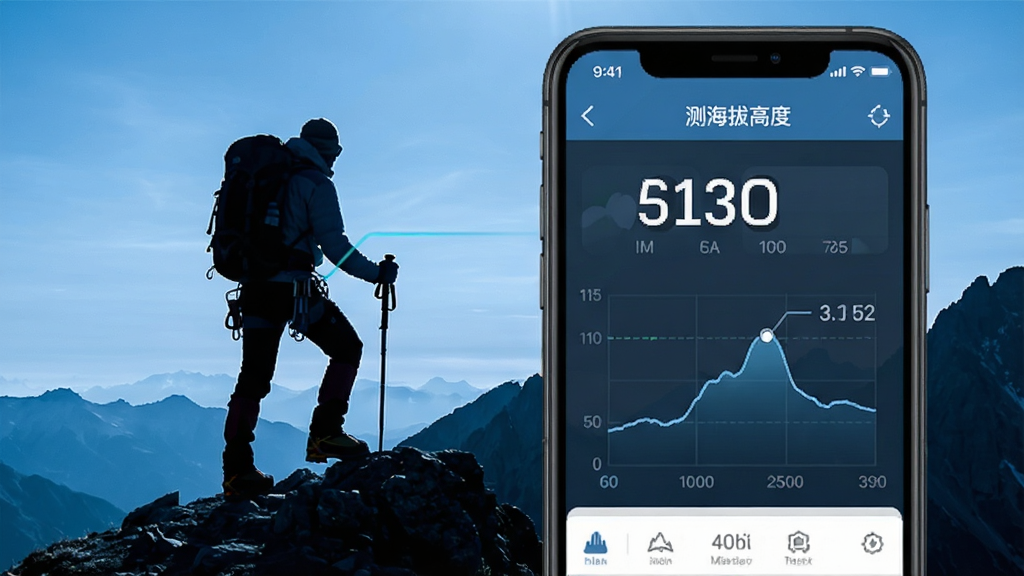 一张测海拔高度App实时监测界面的图片,画面中手机屏幕显示海拔数字和气压曲线图,背景是登山者在山脊上行走的剪影,整体色调偏冷蓝,突出户外科技感,画面干净,文字清晰标注“测海拔高度”