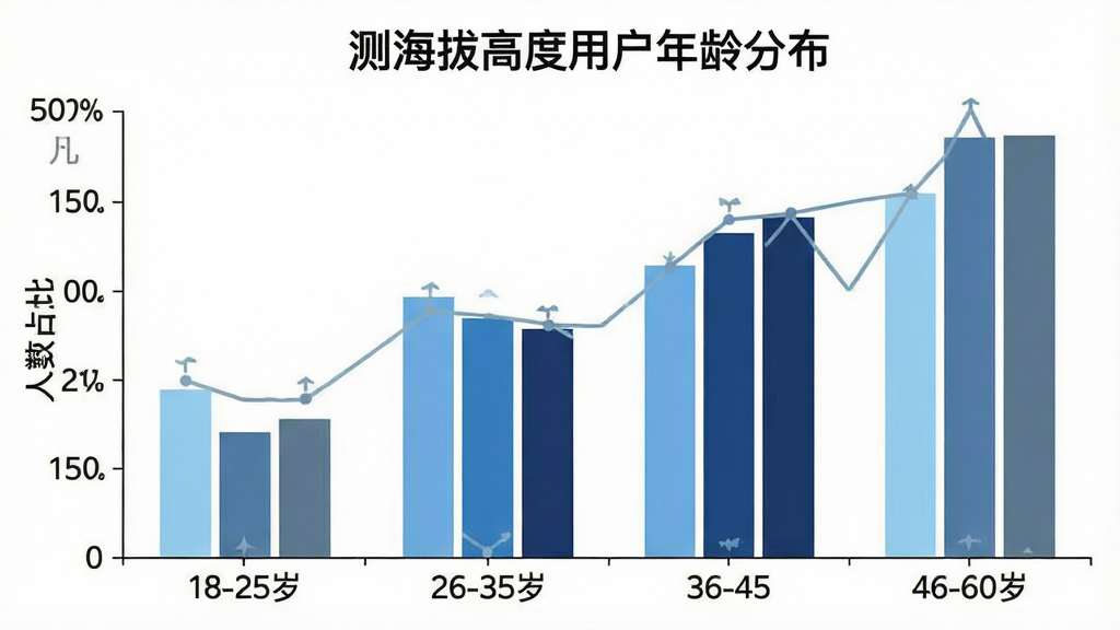 一张柱状图展示测海拔高度App用户年龄分布的图片,横轴标注18-25岁、26-35岁、36-45岁、46-60岁,纵轴标注人数占比,柱体颜色分别为浅蓝、中蓝、深蓝、灰蓝,背景白色,图表标题“测海拔高度用户年龄分布”,画面干净简洁,无多余元素