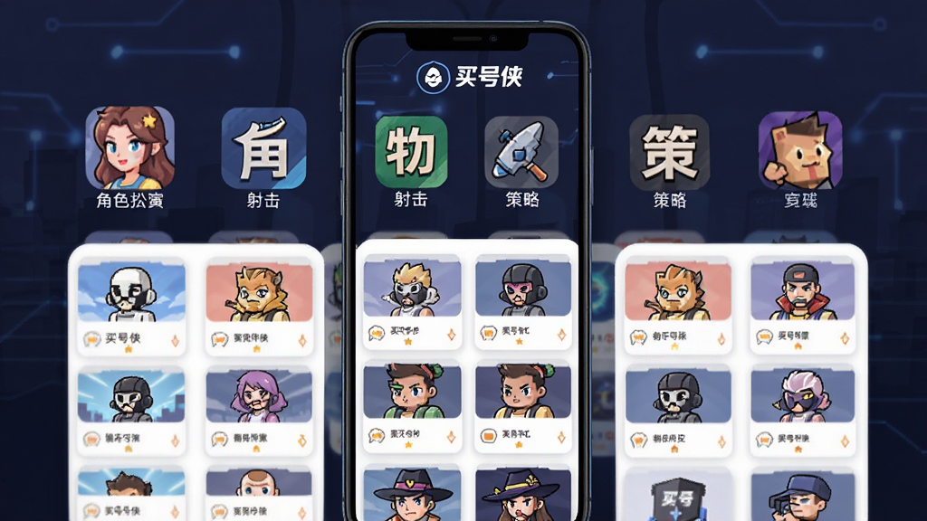 买号侠账号资源聚合界面,手机屏幕中显示多个游戏分类图标,包括角色扮演、射击、策略等标签,下方有大量账号列表卡片,画面中有“买号侠”文字标识,风格为科技感扁平插画,布局整齐,画质干净