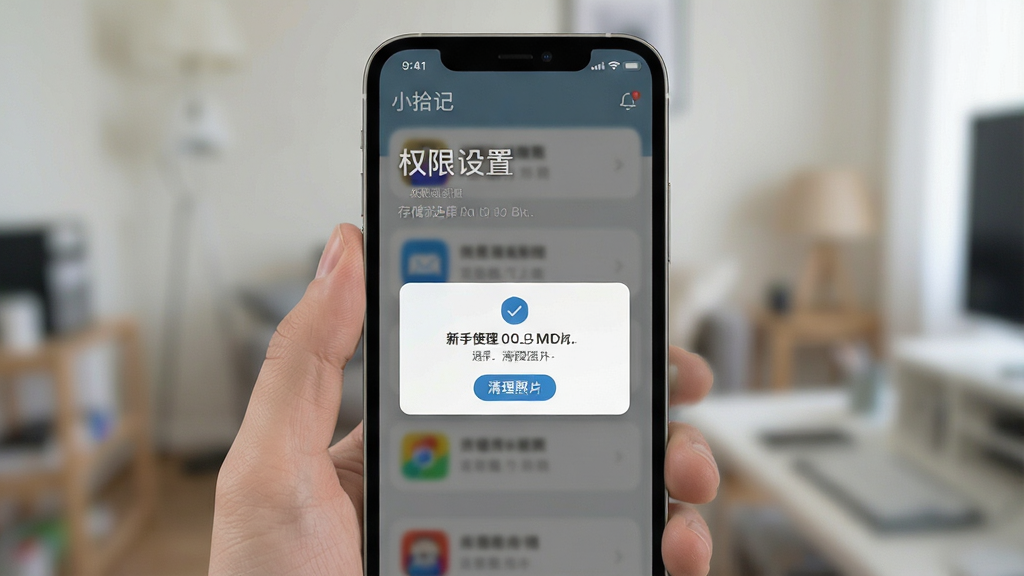 小拾记 新手使用 手机界面 权限设置 存储选择 清理照片 提示框 现代 扁平 设计 干净 无多余元素
