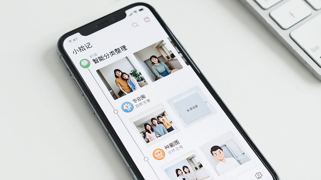 小拾记 智能分类整理 手机屏幕 展示 照片自动分组 时间线 截图文件夹 人脸识别 整洁 界面 清晰 现代 扁平 风格 干净 无多余元素