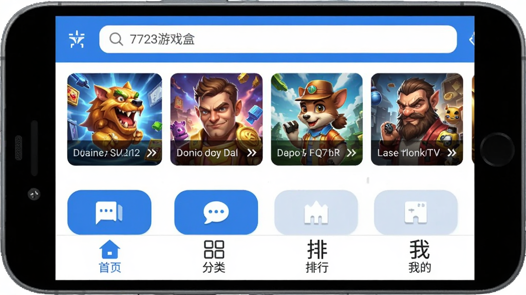 手机屏幕上显示“7723游戏盒”应用主界面,顶部搜索栏,中间是热门游戏推荐海报和分类图标,底部导航栏为首页、分类、排行、我的四个选项,整体布局清晰,风格现代扁平,蓝白配色,画质干净无多余元素。