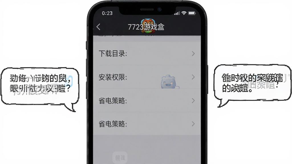 手机屏幕显示“7723游戏盒”的设置界面,有下载目录、安装权限、省电策略等选项,旁边有提示文字气泡,风格简洁,画质干净无多余元素。
