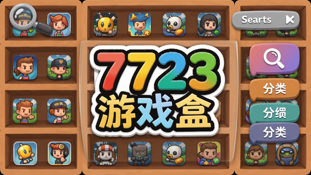 一个虚拟的游戏资源仓库,货架上摆满了各种游戏图标,中间有一个醒目的“7723游戏盒”标志,旁边有搜索放大镜和分类标签,风格卡通简洁,画质干净无多余元素。