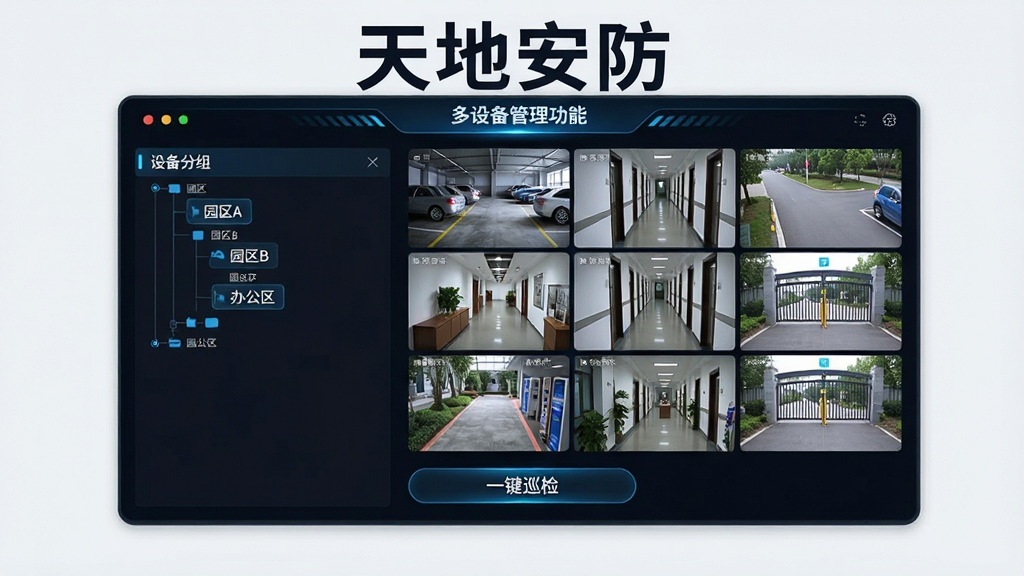 一张展示“天地安防”多设备管理功能的AI生图,画面主体是一个悬浮的虚拟屏幕界面,屏幕上方用大号字体写着“天地安防”,界面左侧是设备分组树状图,标注着“园区A”、“园区B”、“办公区”,右侧是九宫格视频预览窗口,每个窗口里显示着不同场景的监控画面,有停车场、走廊、大门,画面清晰,界面底部有“一键巡检”按钮,整体布局是左右分栏,风格是科技感深色模式,细节上按钮有微光效果,画质干净无噪点,无多余元素。