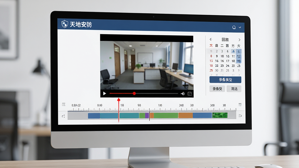 一张展示“天地安防”回放功能的AI生图,画面主体是一个电脑显示器,屏幕里显示着“天地安防”的回放界面,界面中央是视频播放窗口,下方是带有时间刻度的时间轴,时间轴上有一个红色的游标,右侧是日历和录像类型筛选按钮,屏幕左上角有“天地安防”的Logo,整体布局是上中下结构,风格是简约商务风,细节上时间轴有刻度线和录像片段色块,画质清晰,无多余元素。