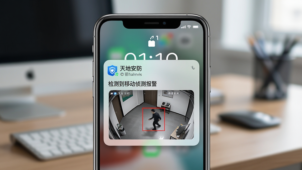 一张展示“天地安防”告警推送功能的AI生图,画面主体是一部手机,手机屏幕亮起,显示着锁屏通知界面,通知卡片上写着“天地安防”,下方有一行小字“检测到移动侦测报警”,并附带一张小尺寸的监控截图,截图里有一个红色方框标出了移动物体,手机背景是模糊的办公室桌面,整体布局是手机居中,风格是写实风格,细节上通知卡片有轻微的阴影和圆角,画质干净,无多余元素。