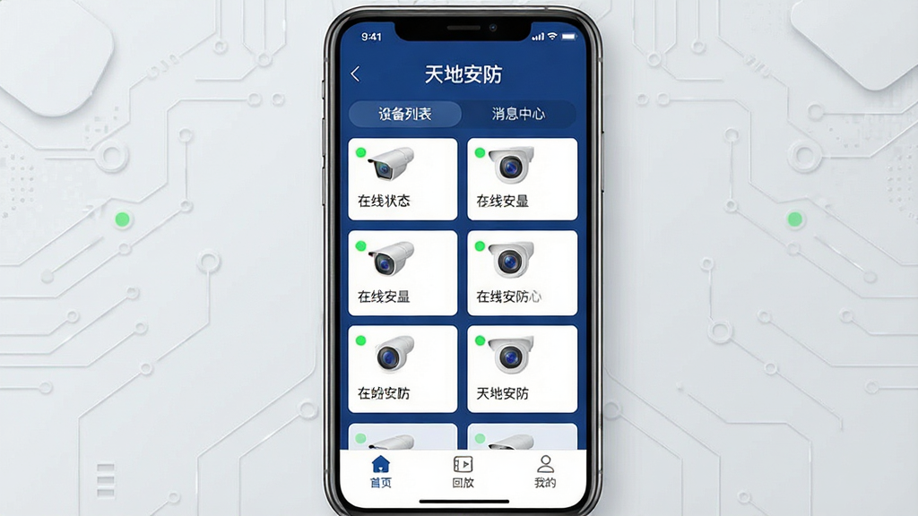 一张展示“天地安防”软件主界面的图片,画面中心是一部智能手机,手机屏幕显示着“天地安防”的APP界面,界面以深蓝色和白色为主色调,顶部有“设备列表”和“消息中心”的标签,中间区域整齐排列着多个摄像头和门禁设备的在线状态卡片,每个卡片上都有绿色的在线指示灯和清晰的设备名称,底部导航栏有“首页”、“回放”、“我的”三个图标,背景是简洁的浅灰色科技纹理,整体风格是扁平化现代设计,细节清晰,画质干净锐利,无多余元素,图片中文字必须包含“天地安防”。