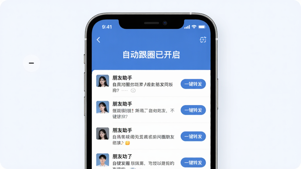 发发助手 自动跟圈功能演示界面,手机屏幕显示“自动跟圈已开启”状态,下方列表展示多条同步过来的朋友圈内容,每条内容右侧有“一键转发”按钮,界面风格现代扁平,蓝白配色,画质干净