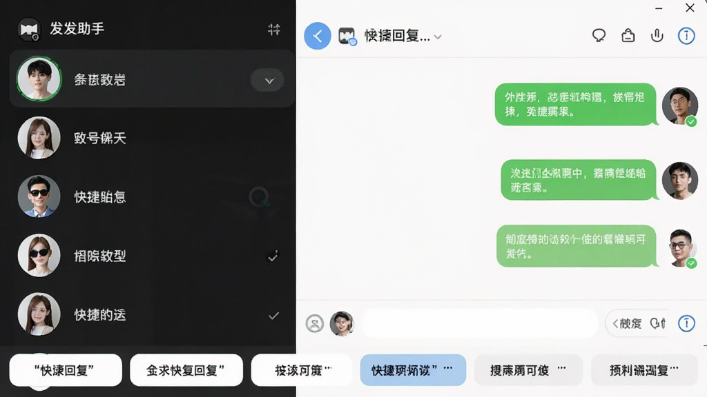 发发助手 多账号管理与快捷回复界面,屏幕左侧是账号头像列表,右侧是聊天窗口,底部有一排预设的快捷回复短语按钮,界面布局清晰,文字标签明确,整体风格简洁实用