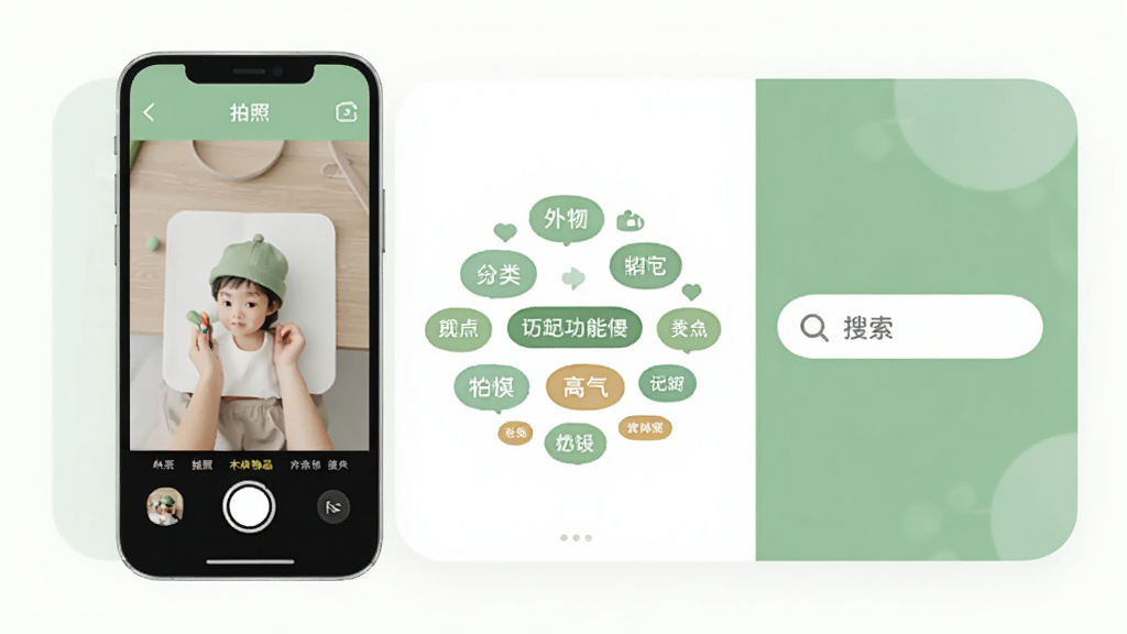 一木记物功能展示图,画面中手机屏幕分成三个区域,左侧是拍照添加物品的界面,中间是分类标签云,右侧是搜索框,整体用柔和的绿色和白色搭配,风格扁平化,图标圆润,画质干净,无多余装饰