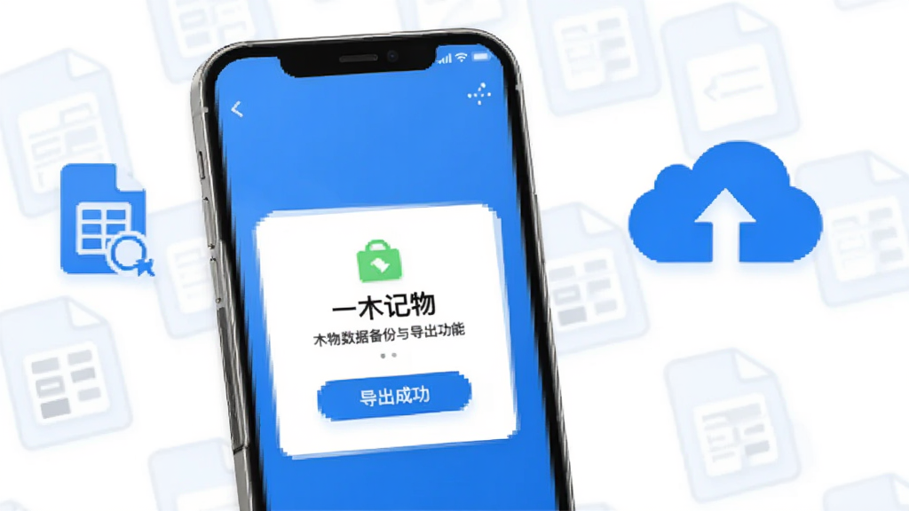 一木记物数据备份与导出功能界面,画面中手机屏幕显示导出成功提示,背景有表格文件图标和云朵备份图标,整体风格清爽,以蓝色和白色为主,图标简洁,画质干净,无多余元素