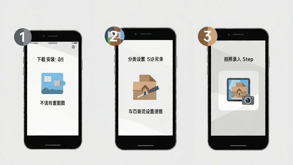 一木记物安装与设置流程示意图,画面中手机屏幕依次显示下载安装、分类设置、拍照录入三个步骤,每个步骤用数字标注,背景是浅灰色,风格简洁清晰,图标扁平,画质干净,无多余元素