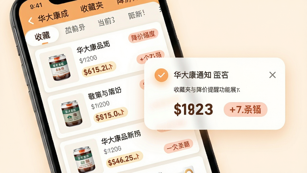 ���󿵳�App�ղؼ��뽵�����ѹ���չʾ������Ϊ�ֻ���Ļ�ڳ����ղ���Ʒ�б��ͽ���֪ͨ����������Ϊ������ǩ���������·���Ʒ��Ƭ�������У�ÿ�ſ�Ƭ��ʾ��Ʒͼ�����ơ���ǰ�۸�ͽ��۷��ȱ�ǩ�������ů�׺ͣ�ϸ���ϼ۸����ּӴָ�����֪ͨ��������Բ�ǿ�Ƭ��ƣ����ʸɾ��������޶���Ԫ�ء�