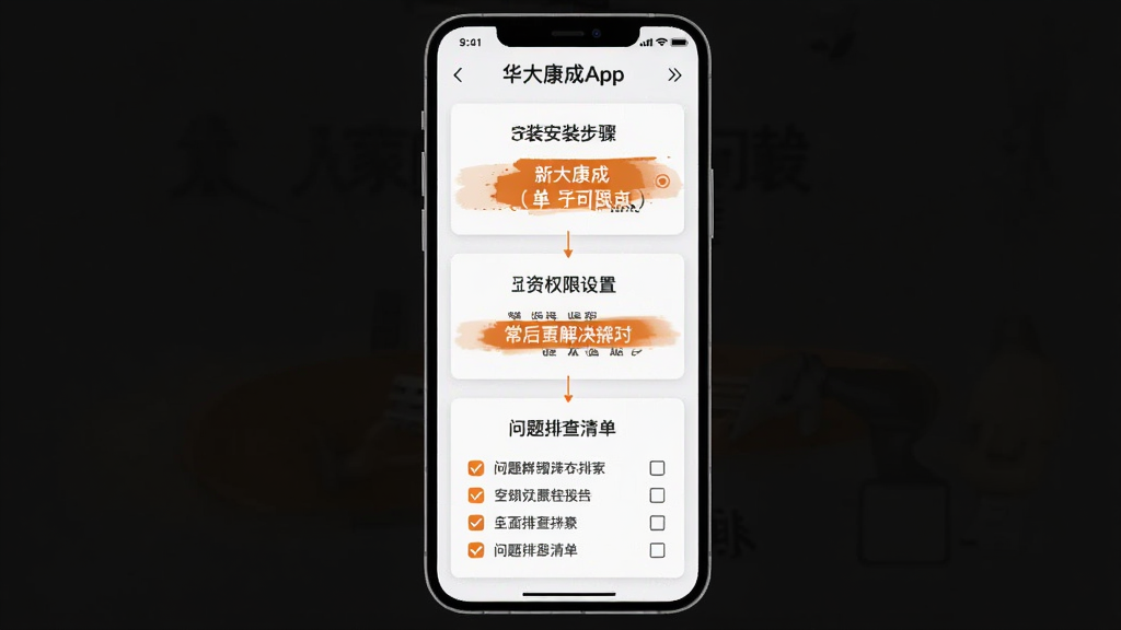 ���󿵳�App���ֲ���ָ���볣������������ͼ������Ϊ�ֻ���Ļ�ڳ��ְ�װ���衢Ȩ�����ú������Ų��嵥������Ϊ���ϵ��µĲ��迨Ƭʽ���У��������ֱ�ۣ�ϸ���Ϲؼ������ó�ɫ�������Ų����ù�ѡ���ʾ�����ʸɾ����޶���Ԫ�ء�